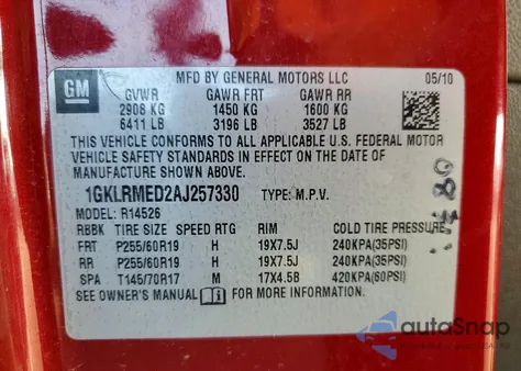 2010 GMC Acadia Slt-1 z USA, uszkodzony, nr VIN 1GKLRMED2AJ257330